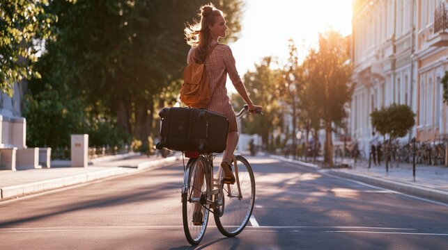 Young traveler cycling through a charming European street with a stylish suitcase attached to the rear rack. Sunny summer morning, greenery and authentic travel lifestyle.