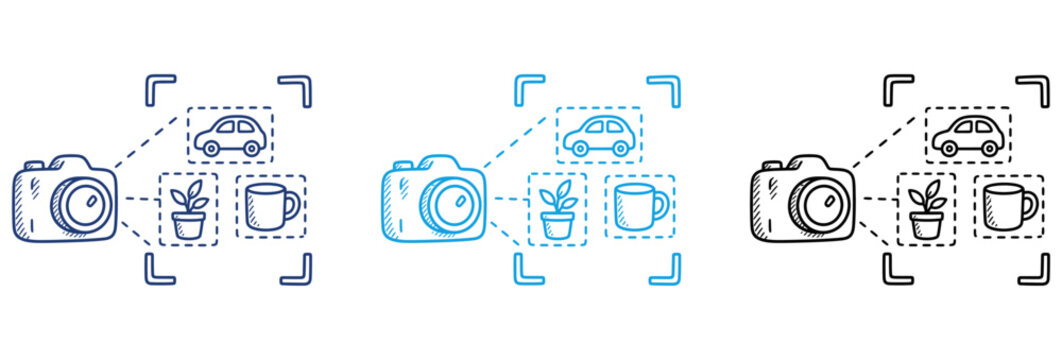 Artificial intelligence camera object recognition and computer vision technology icons set.