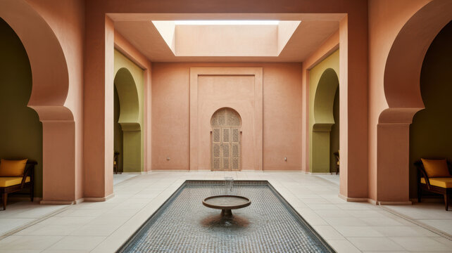 Traditional Moroccan courtyard interior with geometric arches, warm terracotta walls, and central reflecting pool under a square skylight.