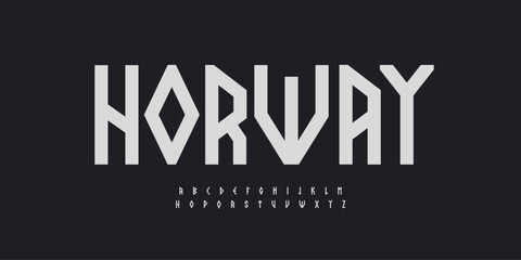 Nordic Font Scandinavian Logo Alphabet Runic Letter Set Rune Typography, Geometric Ethnic Typographic Design for Norway Viking Poster, Ancient Headline, Norse Fonts. Vector Typeface © artyway