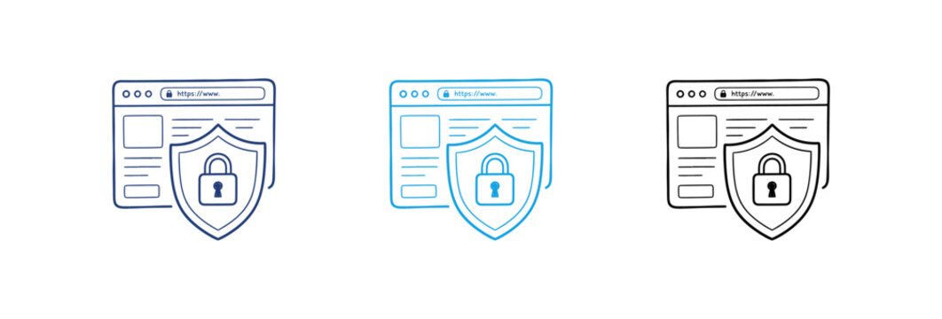 Secure web browser interface with shield and padlock icons for internet safety and data protection.