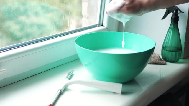 Close up of a hand dipping an orange sponge into a basin with soapy foam on a window sill
