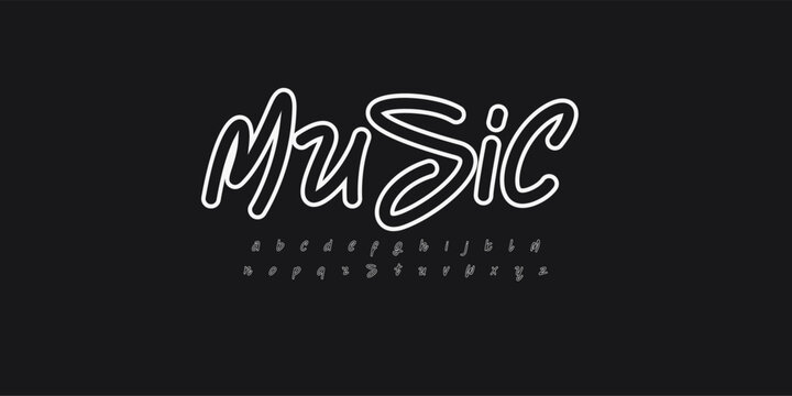 Music font, marker letters, graffiti-inspired shadowed alphabet, playful rounded typography. Handdrawn script for youth logo, artistic calligraphy, brush script typography. Vector typeset.