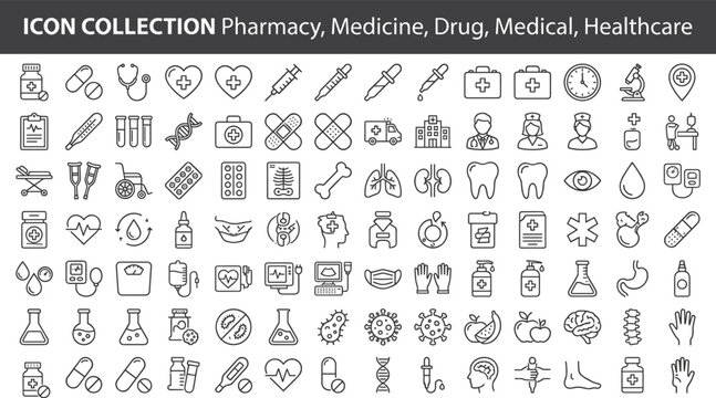 Comprehensive vector collection of pharmacy, medicine, healthcare, and medical practice icons including drugs, equipment, hospital, and wellness symbols