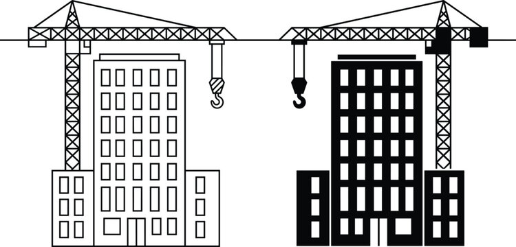 Vector illustration of construction cranes above multi‑story buildings symbolizing architecture, engineering, urban development, and industrial construction projects