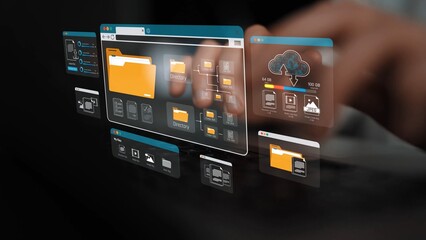 Fototapeta premium Hands Typing on Keyboard with Floating File Management Windows Displaying Digital Folders and Cloud Storage on Dark Background for Tech and Business Concepts Sigmoid