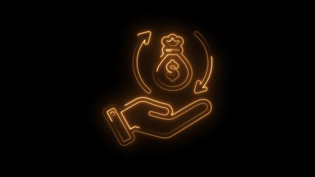 Glowing neon hand holding money bag with circular arrows symbolizing investment return icon