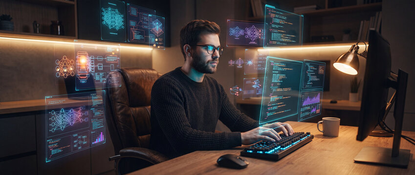 AI developer programming neural networks on futuristic holographic screens in a dark home office, featuring glowing blue data interfaces for machine learning software development