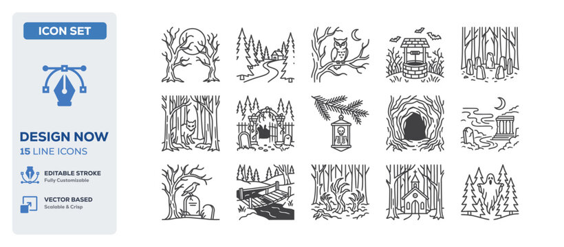 flat vector illustration line art icon bundle set design displaying dark haunted houses creepy scary forests dead winter trees spooky halloween environments and nightmares