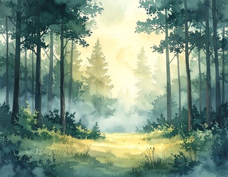 Watercolor Forest Landscape with Misty Pine Trees and Sunbeams at Sunrise Background AI Generated