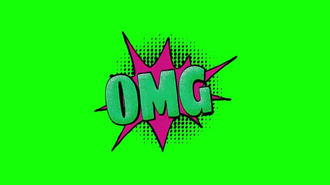 OMG comic pop art text expression with pink starburst and halftone dots isolated on transparent background