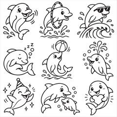 Fototapeta premium Cute Cartoon Dolphin Set, Black and White Vector Illustration for Coloring Book