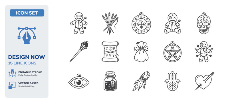 flat vector illustration line art icon bundle set design illustrating mystical voodoo magic occult wizardry spell casting witch brooms esoteric tools and ancient sorcery UI