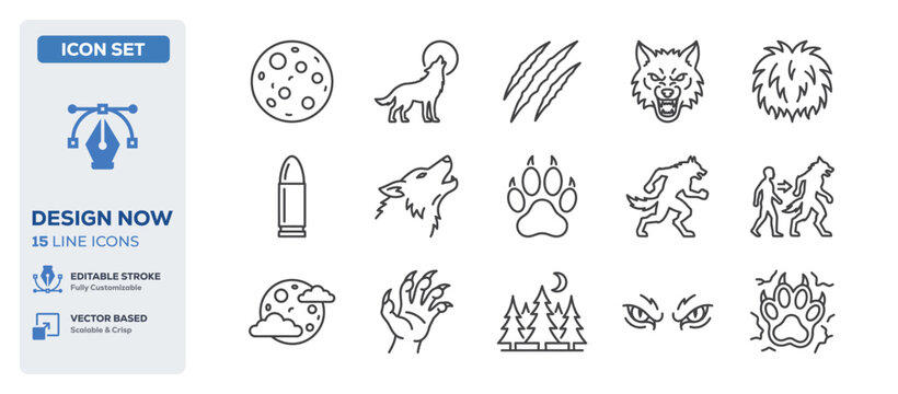 flat vector illustration line art icon bundle set design representing scary halloween wolf monsters crawling spooky animals wild nature wildlife beasts and horror night fear