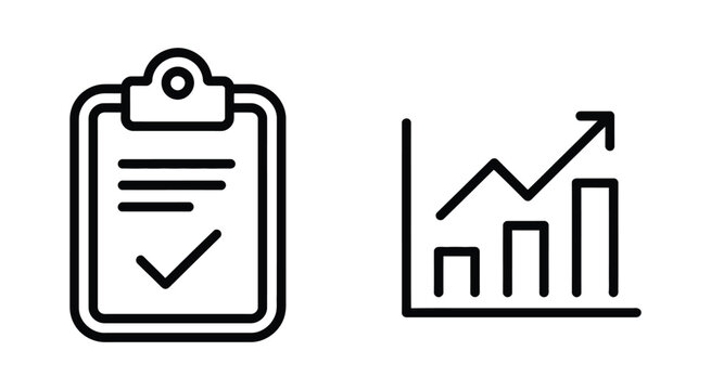 Poll results analytics icons, survey data symbols, clipboard checklist, checkmark, statistics and feedback analysis graphics, editable vector illustration.