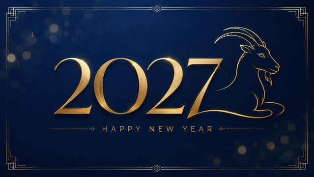 golden 2027 happy new year typography with a minimalist line art goat silhouette, decorative geometric border and subtle bokeh lights on a deep blue festive background