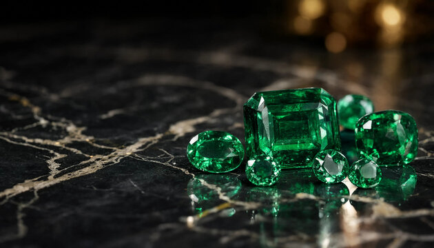 Loose faceted emerald gemstones on dark black marble background with jewelry making stone work gem set gemstone precious expensive marbling gemology brilliant opulence treasure
