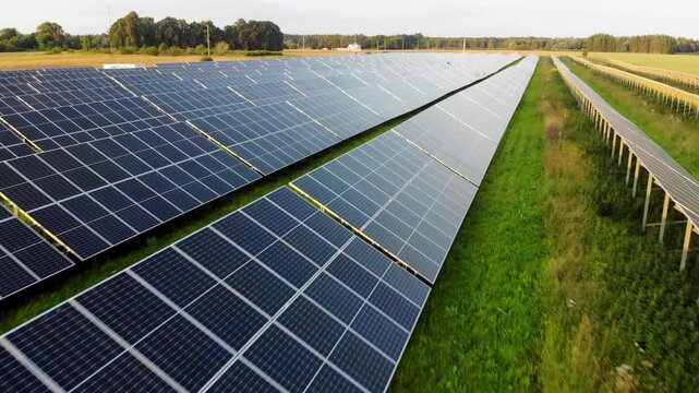 Aerial drone view of utility scale solar farm with photovoltaic panels producing clean renewable energy