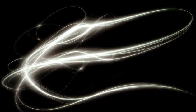 Dynamic white energy light trails flowing through dark void in abstract motion.