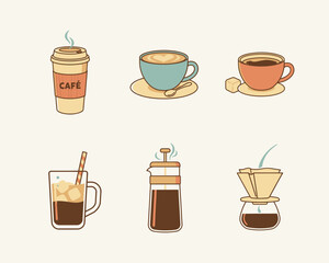 Obraz premium Various coffee brewing methods and serving styles for professional cafe branding. Vector illustration