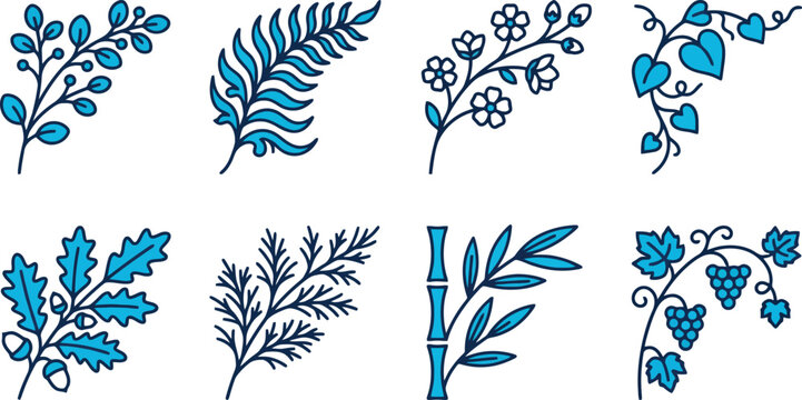 Blue Botanical Leaf and Floral Branch Vector Icon Set for Nature Branding, Wedding Invitations & Organic Product Packaging (EPS)
