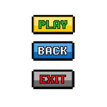 A set of three colorful pixel art buttons labeled play back and exit for retro video game design isolated on transparent background