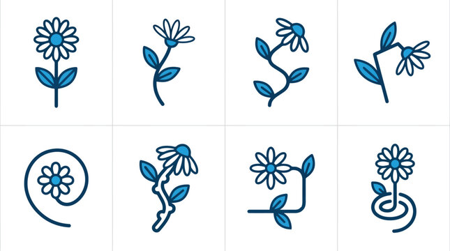 Minimalist Daisy Flower Line Art Vector Icon Set for Botanical Branding, Floral Pattern Design & Spring Wedding Invitations (EPS)