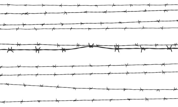 Seamless pattern of multiple horizontal sharp barbed wire fencing lines black silhouette sketch vector illustration background