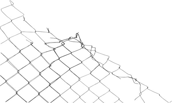 Broken chain link wire mesh fence with torn edge hand drawn sketch vector illustration background