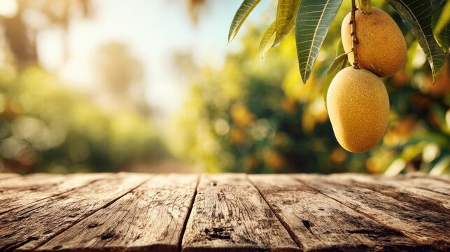 Rustic wooden table with ripe mangoes hanging in a lush green orchard under warm sunlight