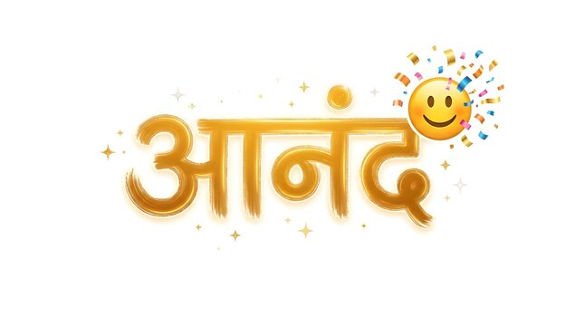 Golden hindi word anand meaning joy with happy smiley face icon and colorful confetti bits.