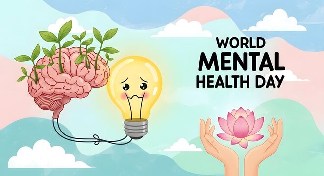 World mental health day illustration brain lightbulb and lotus flower