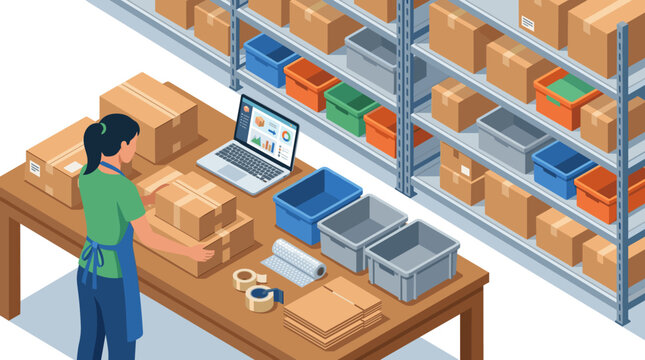 Warehouse worker manages inventory using a laptop while packing cardboard boxes. Professional shipping, logistics, and ecommerce order fulfillment concept.