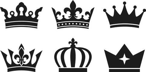 Black Crown Silhouette Icon Set with Vintage Royal Fleur De Lis and Elegant King Coronet Symbols for Premium Luxury Branding Logo Layouts © SUMON