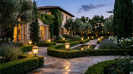 Fototapeta premium Elegant estate garden with lanterns and water feature at twilight