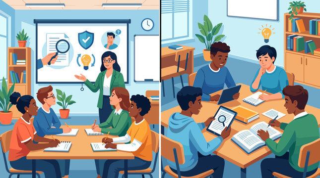 Diverse students engaged in classroom learning, teacher leading a presentation, and students collaborating on research projects. Education, teamwork, and knowledge.