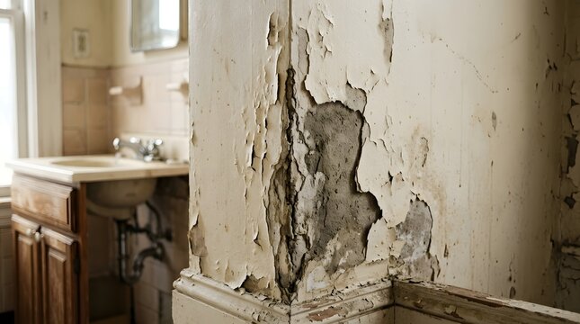 Dilapidated bathroom wall with peeling paint and damaged plaster