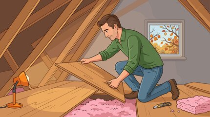 A man installing wooden flooring in an attic renovation. Professional home improvement, construction, and DIY project concept with warm autumn lighting and insulation. ©  CozyVisionary
