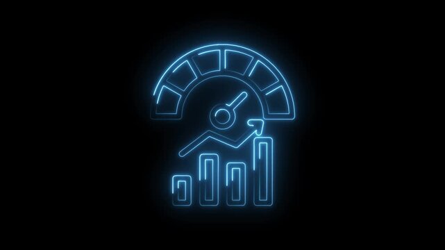 Glowing blue neon speedometer gauge with upward trending bar graph and arrow symbolizing icon