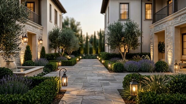Elegant pathway lined with manicured gardens and architectural elements