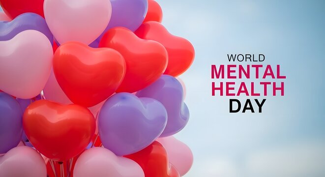 World mental health day celebration with heart shaped balloons
