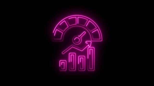 Neon gauge meter with rising bar graph and arrow indicating growth progress success and icon