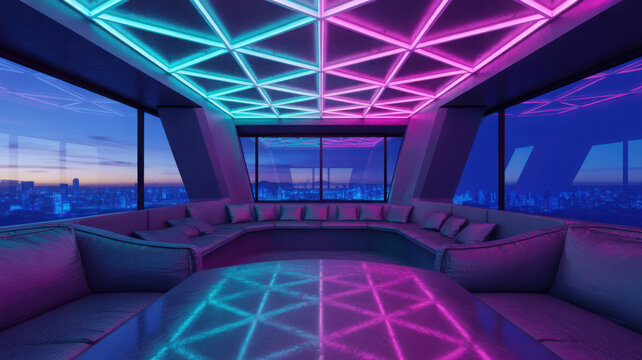 Futuristic modern interior lounge with neon lighting and panoramic city view at twilight.