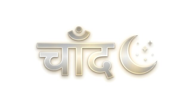 Hindi word Chand silver typography with crescent moon and stars on white background design.