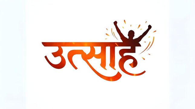 Utsah hindi word with silhouette of man celebrating success over vibrant orange background.
