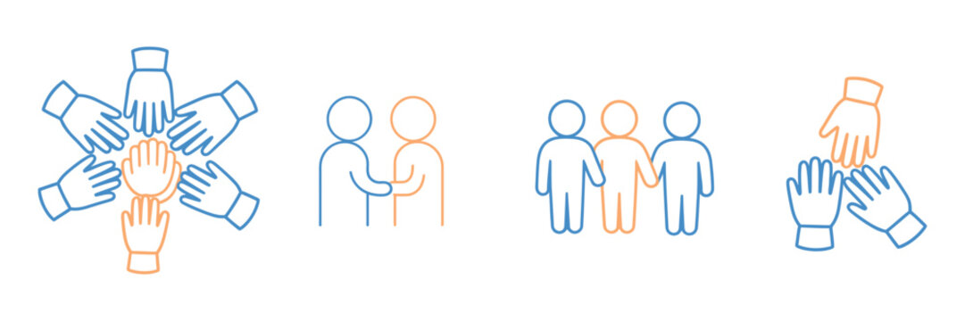 Teamwork hand icon set, three and four hands supporting each other, collaboration and join team symbols, line vector illustration on transparent background.