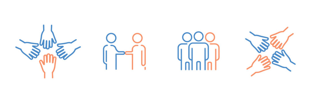 Teamwork hand icon set, three and four hands supporting each other, collaboration and join team symbols, line vector illustration on transparent background.