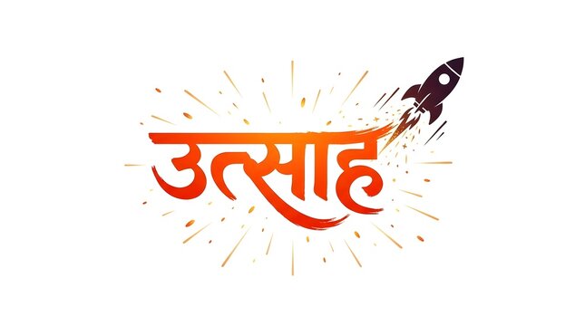 Utsah hindi typography with rocket launch illustration representing energy and motivation.
