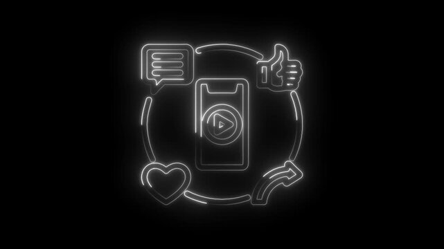 Neon glowing social media icons loop animation mobile phone video play button chat bubble heart
