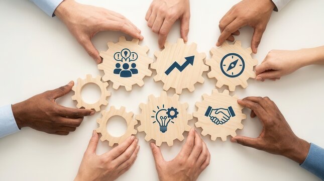 Diverse hands collaborating with graphic gear icons to represent teamwork, innovation, and business strategy on a light background.